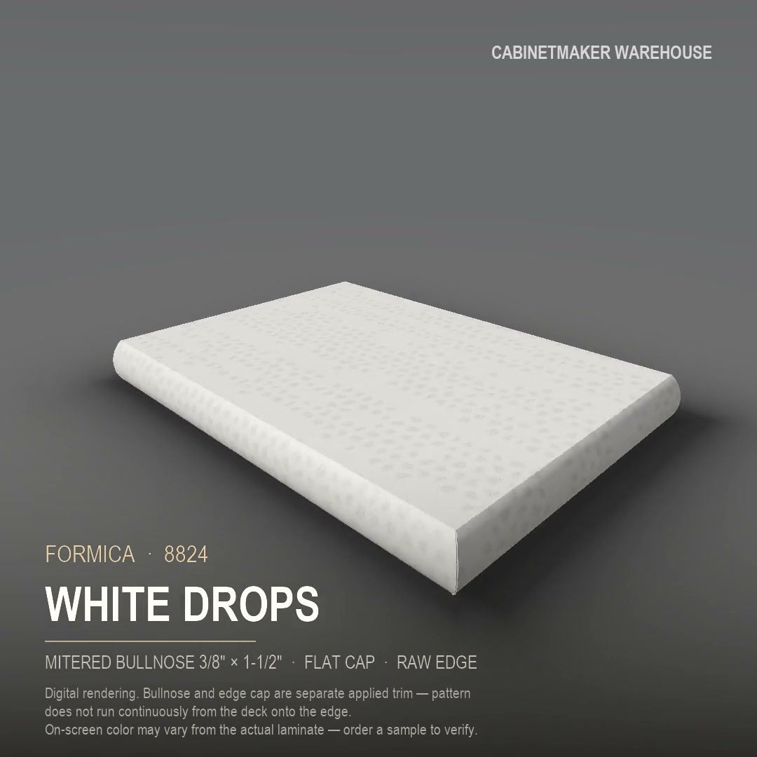 Formica White Drops 8824 laminate on a countertop with a mitered bullnose edge