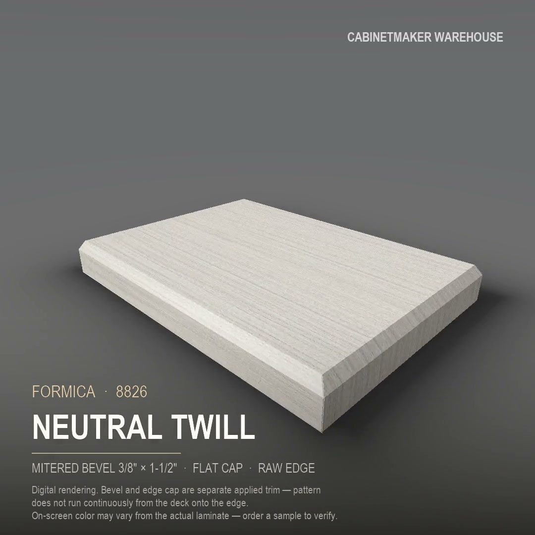 Formica Neutral Twill 8826 laminate on a countertop with a mitered bevel edge