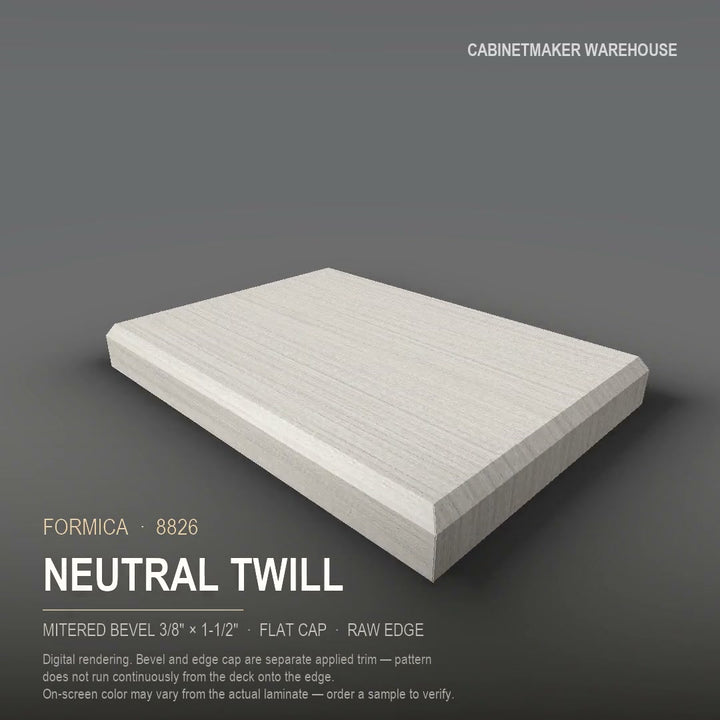 Formica Neutral Twill 8826 laminate on a countertop with a mitered bevel edge