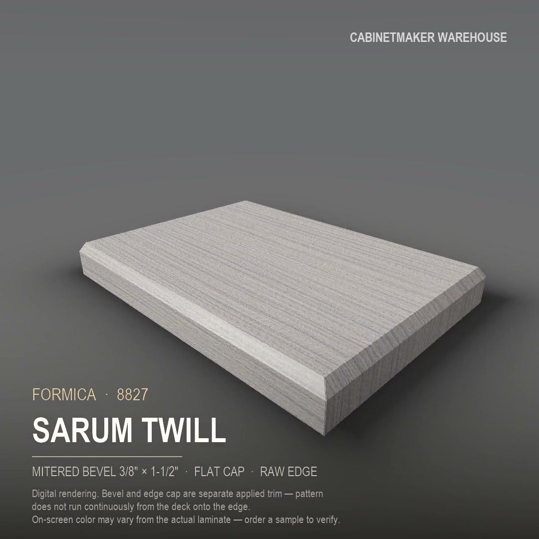 Formica Sarum Twill 8827 laminate on a countertop with a mitered bevel edge