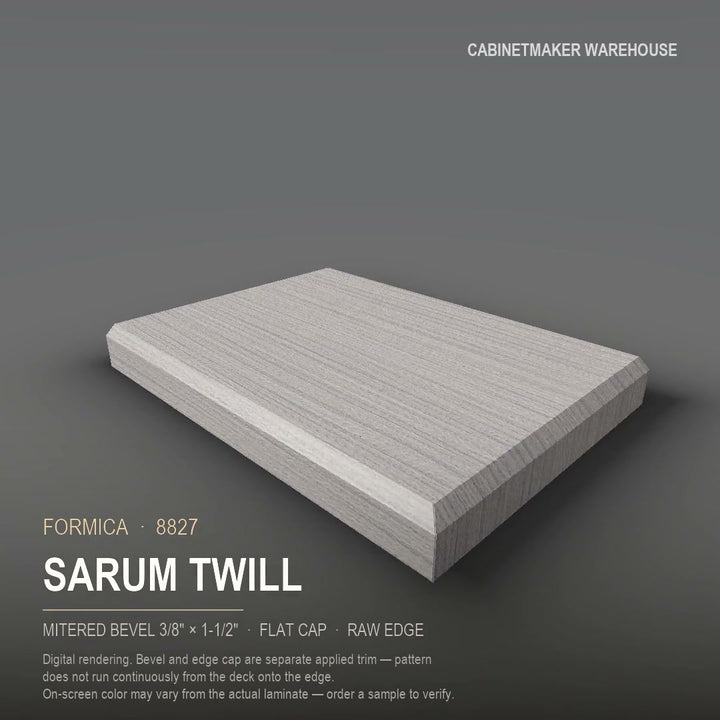 Formica Sarum Twill 8827 laminate on a countertop with a mitered bevel edge