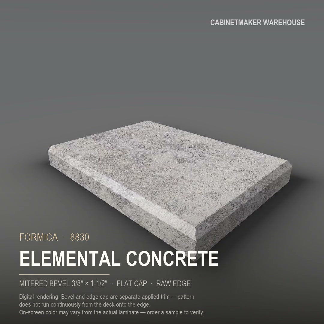 Formica Elemental Concrete 8830 laminate on a countertop with a mitered bevel edge