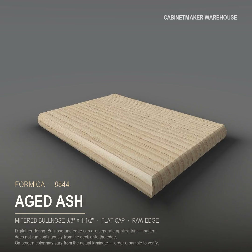 Formica Aged Ash 8844 laminate on a countertop with a mitered bullnose edge