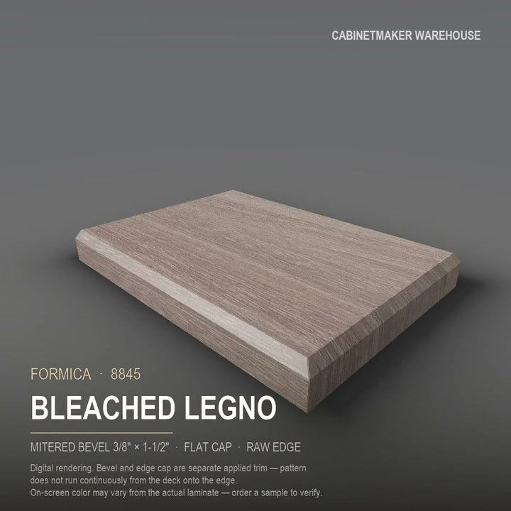 Formica Bleached Legno 8845 laminate on a countertop with a mitered bevel edge