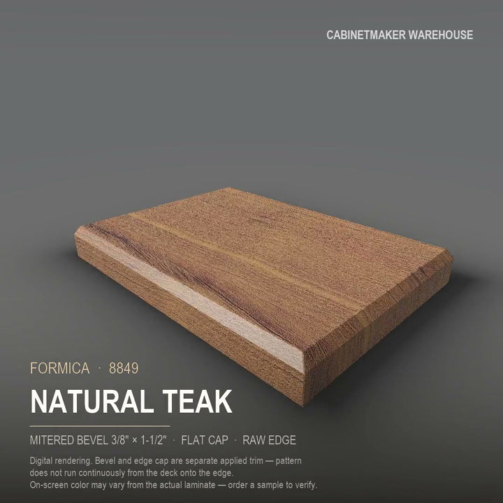 Formica Natural Teak 8849 laminate on a countertop with a mitered bevel edge