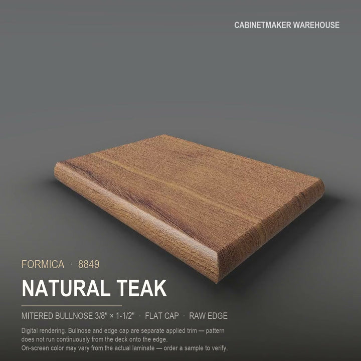 Formica Natural Teak 8849 laminate on a countertop with a mitered bullnose edge