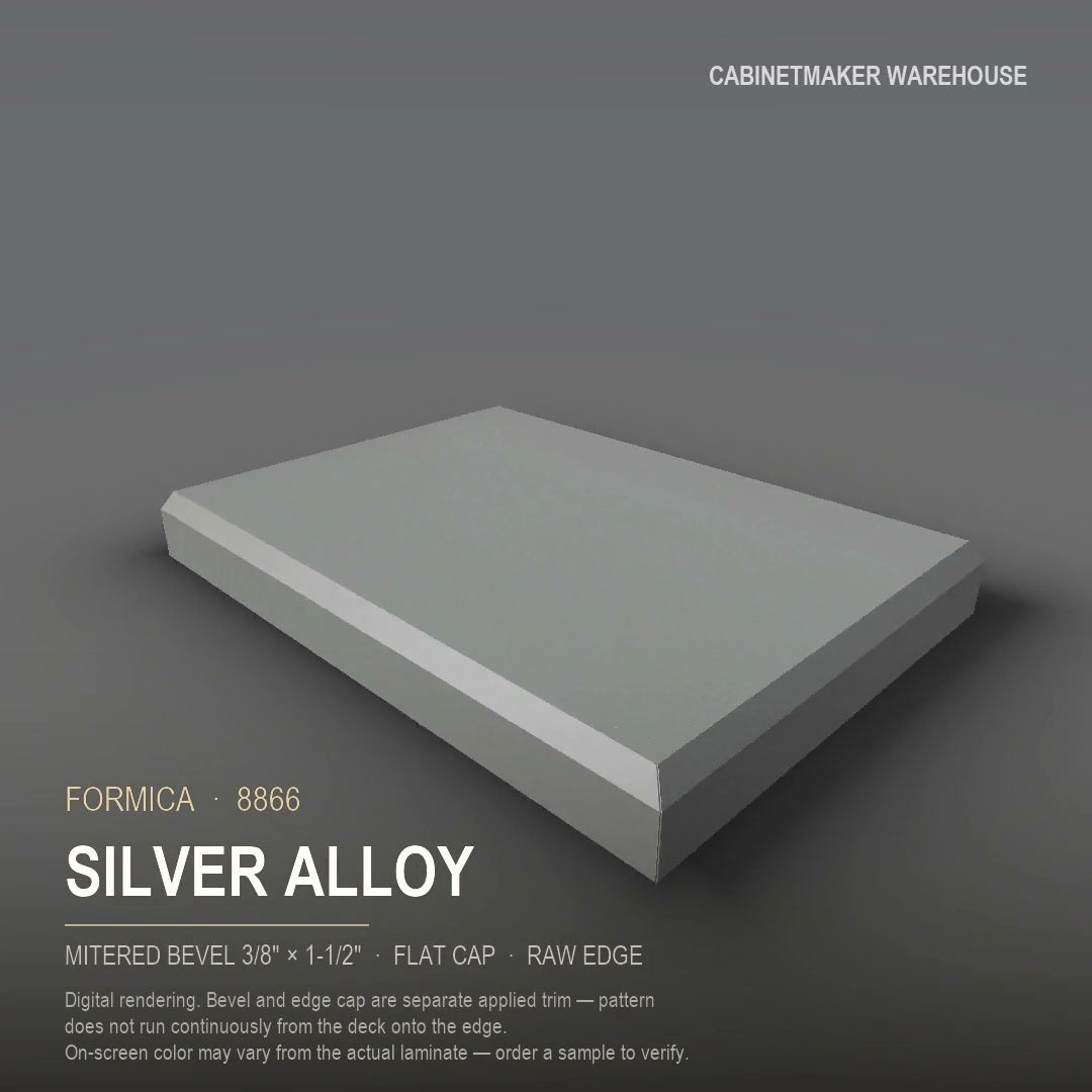 Formica Silver Alloy 8866 laminate on a countertop with a mitered bevel edge