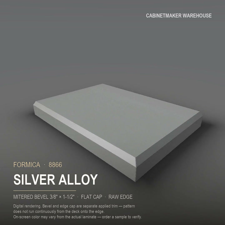 Formica Silver Alloy 8866 laminate on a countertop with a mitered bevel edge
