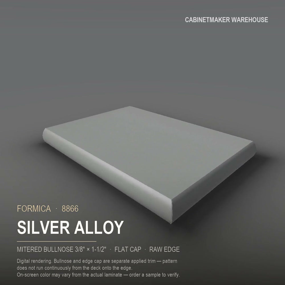Formica Silver Alloy 8866 laminate on a countertop with a mitered bullnose edge