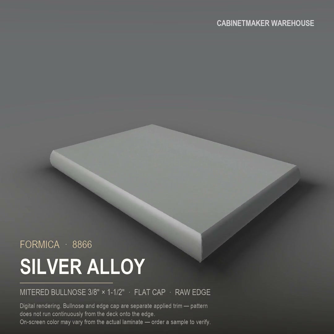 Formica Silver Alloy 8866 laminate on a countertop with a mitered bullnose edge