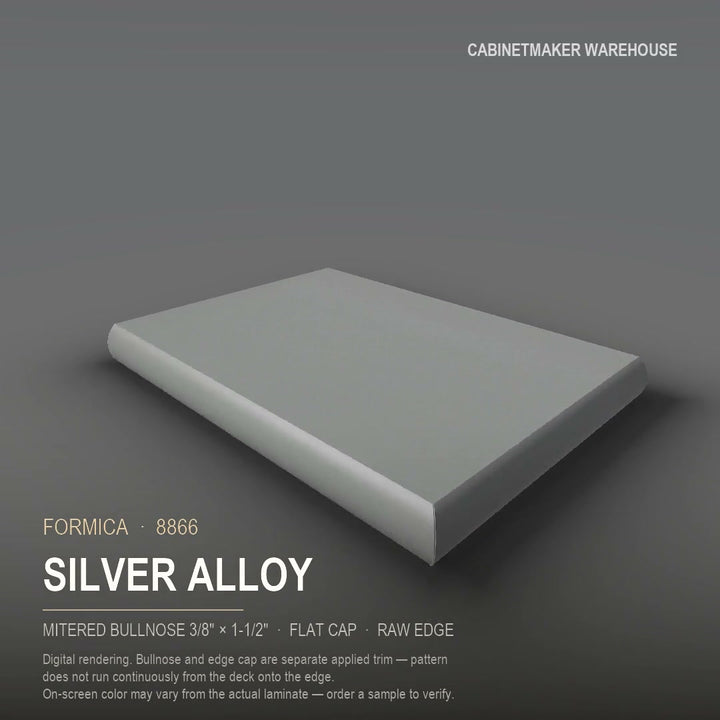 Formica Silver Alloy 8866 laminate on a countertop with a mitered bullnose edge