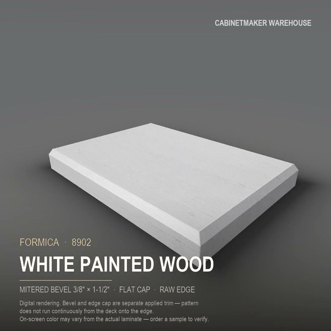 Formica White Painted Wood 8902 laminate on a countertop with a mitered bevel edge