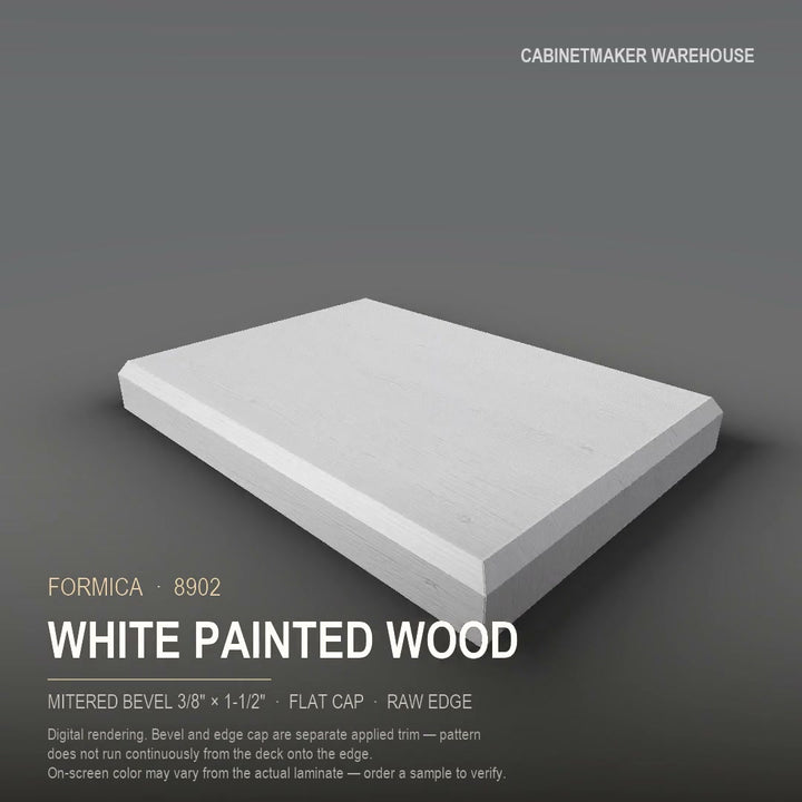 Formica White Painted Wood 8902 laminate on a countertop with a mitered bevel edge