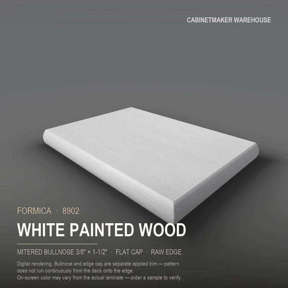 Formica White Painted Wood 8902 laminate on a countertop with a mitered bullnose edge