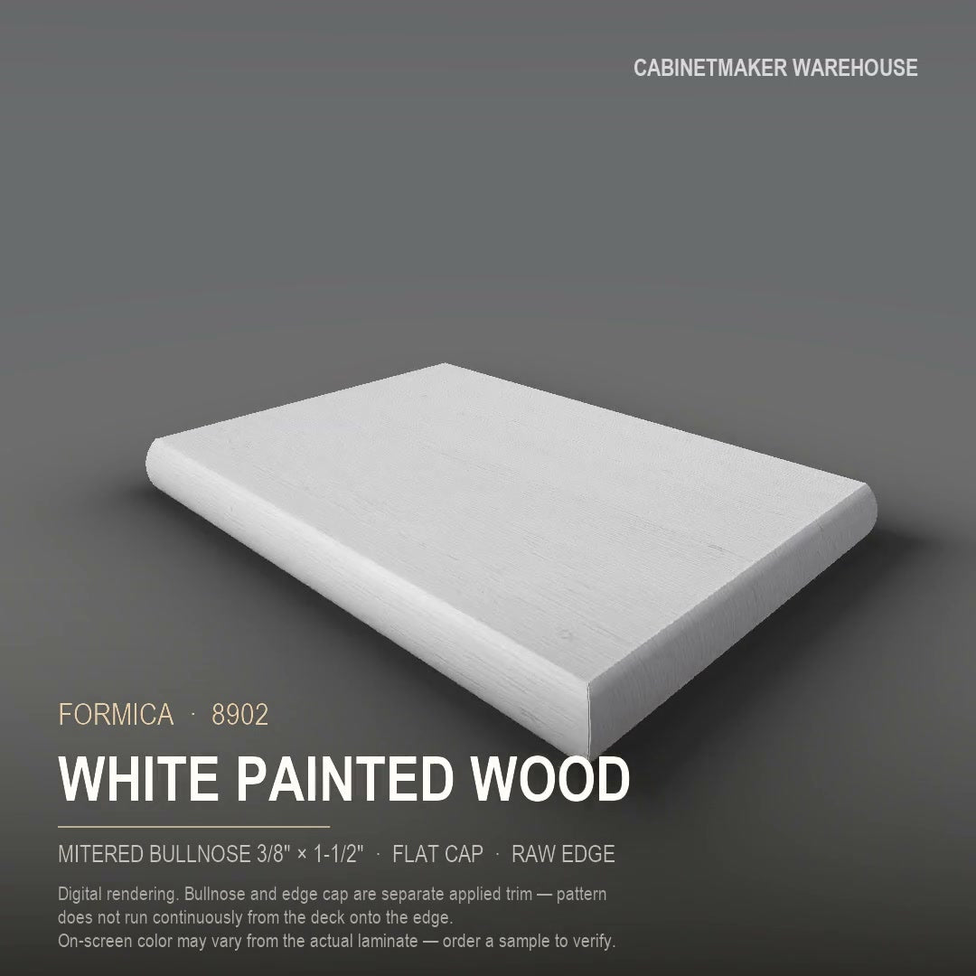 Formica White Painted Wood 8902 laminate on a countertop with a mitered bullnose edge