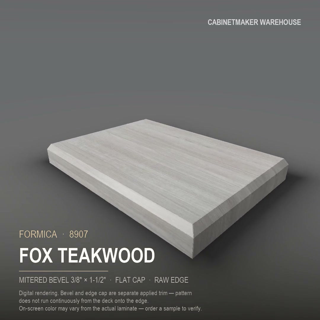 Formica Fox Teakwood 8907 laminate on a countertop with a mitered bevel edge