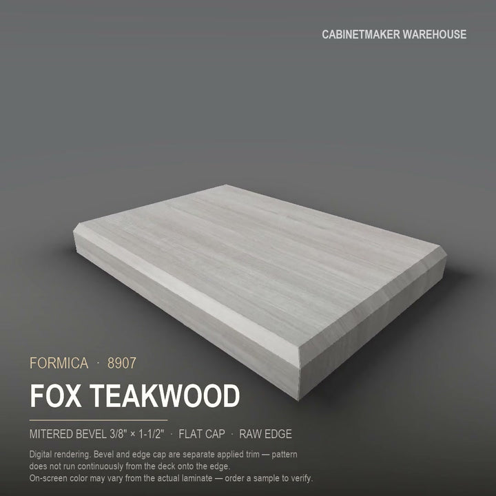 Formica Fox Teakwood 8907 laminate on a countertop with a mitered bevel edge