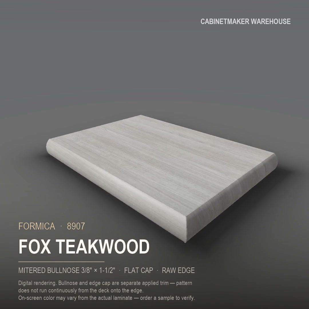 Formica Fox Teakwood 8907 laminate on a countertop with a mitered bullnose edge