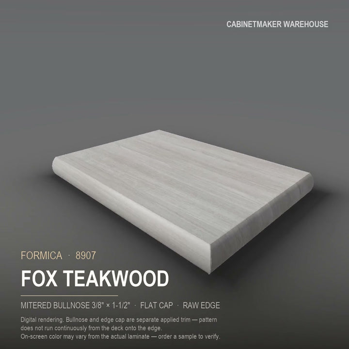 Formica Fox Teakwood 8907 laminate on a countertop with a mitered bullnose edge