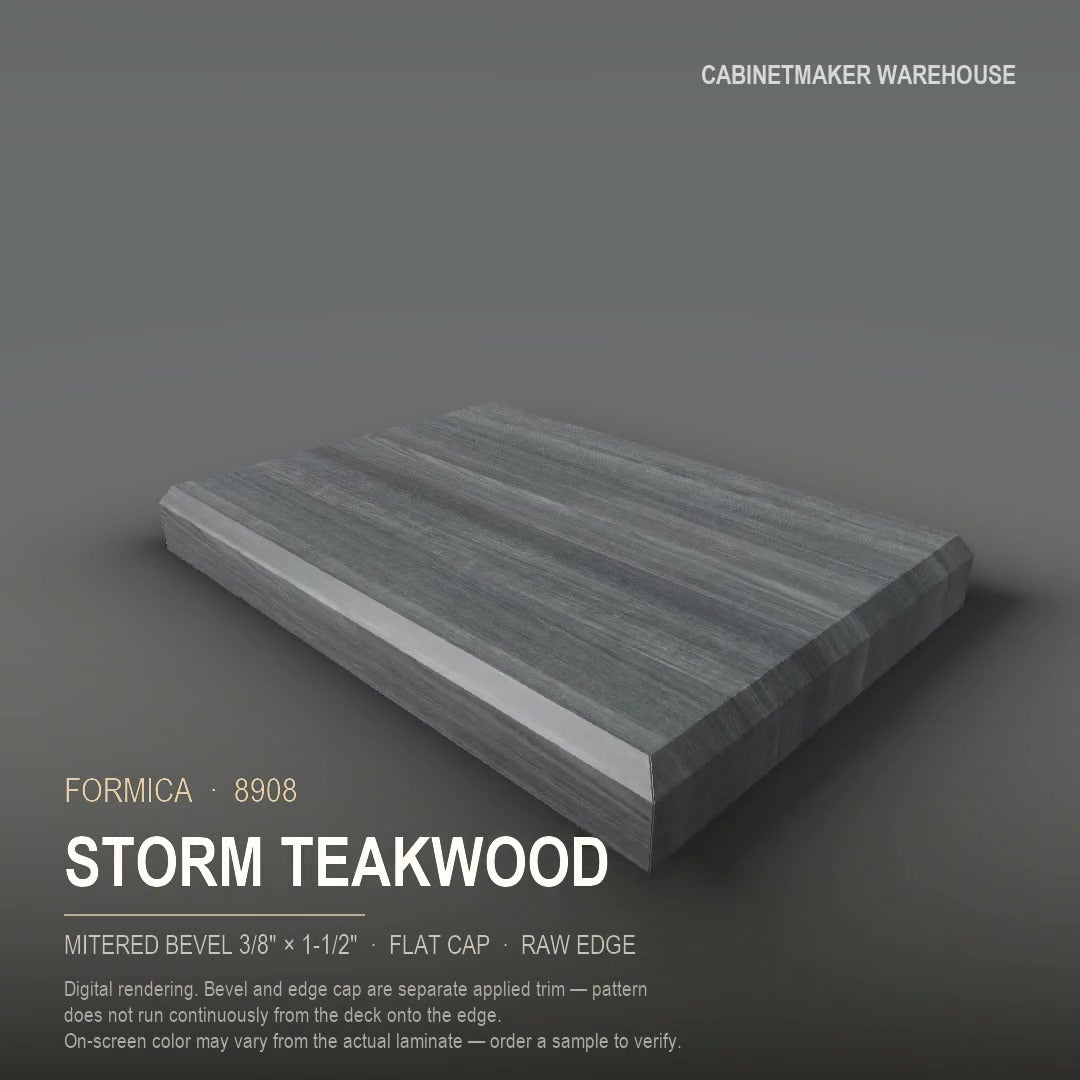 Formica Storm Teakwood 8908 laminate on a countertop with a mitered bevel edge