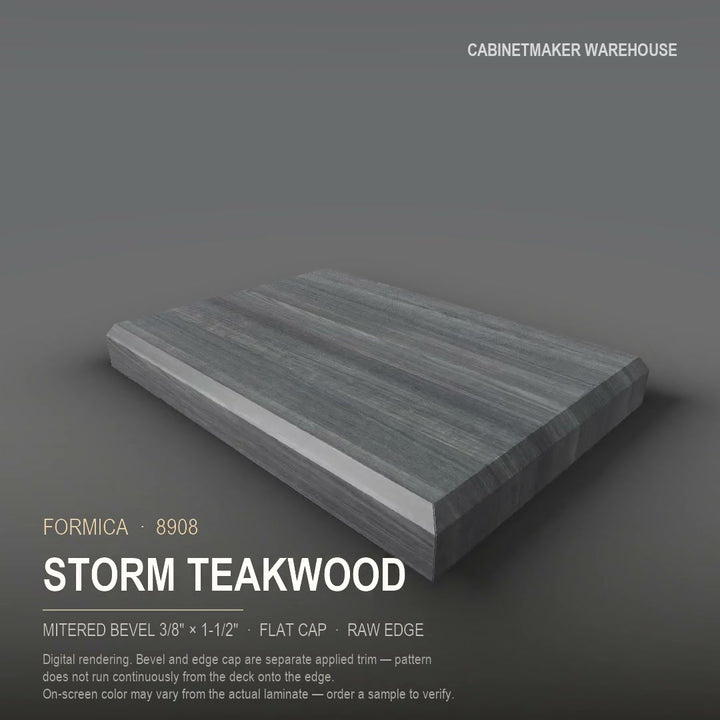 Formica Storm Teakwood 8908 laminate on a countertop with a mitered bevel edge
