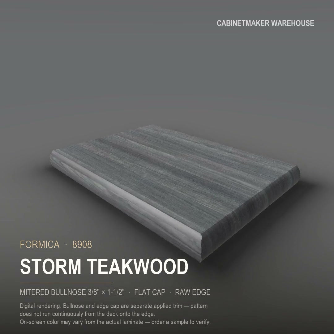 Formica Storm Teakwood 8908 laminate on a countertop with a mitered bullnose edge