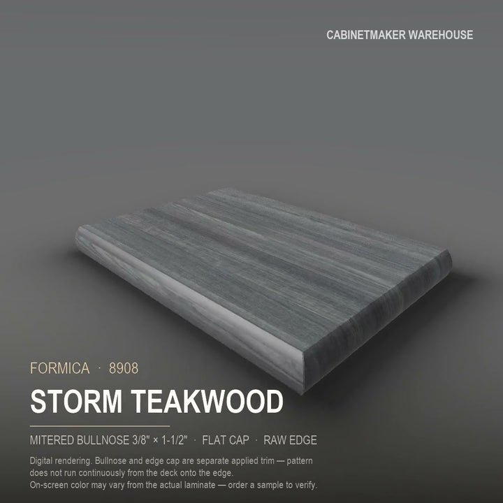 Formica Storm Teakwood 8908 laminate on a countertop with a mitered bullnose edge