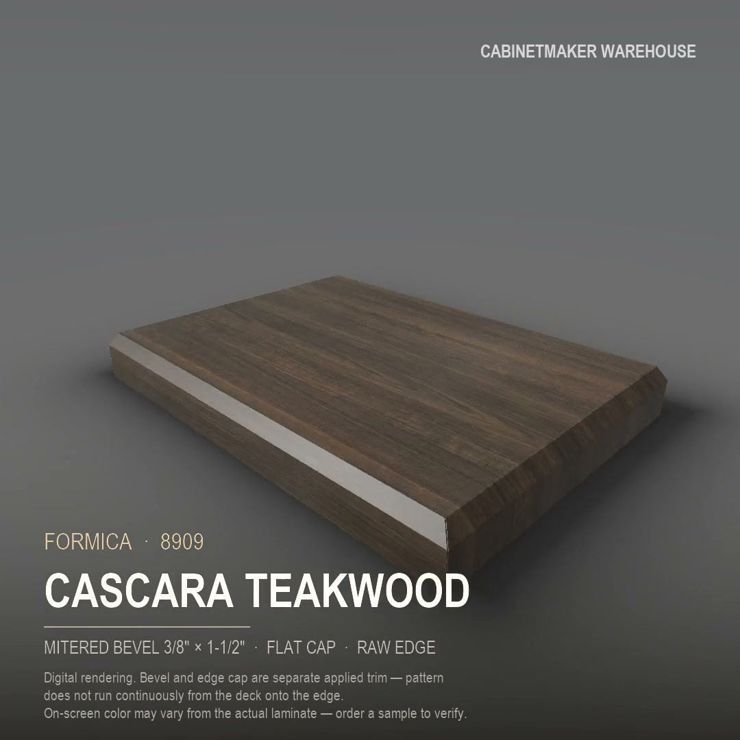 Formica Cascara Teakwood 8909 laminate on a countertop with a mitered bevel edge