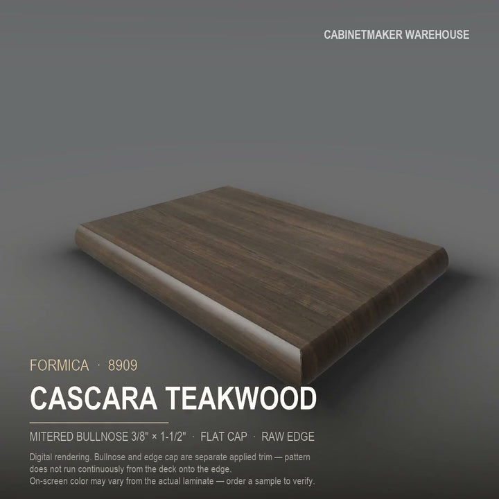 Formica Cascara Teakwood 8909 laminate on a countertop with a mitered bullnose edge