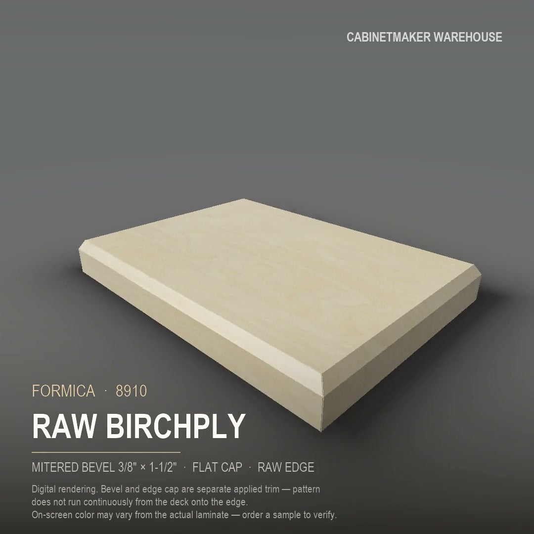 Formica Raw Birchply 8910 laminate on a countertop with a mitered bevel edge
