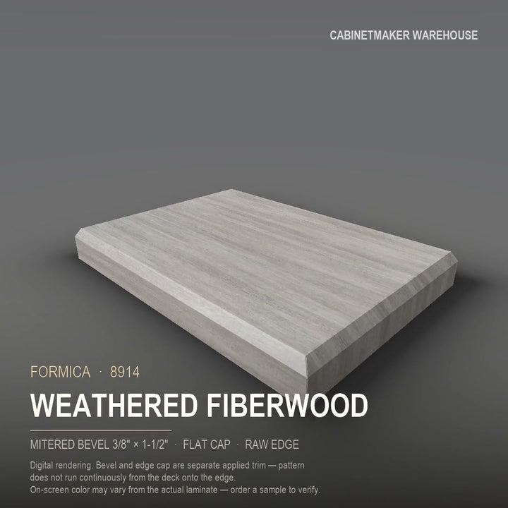 Formica Weathered Fiberwood 8914 laminate on a countertop with a mitered bevel edge