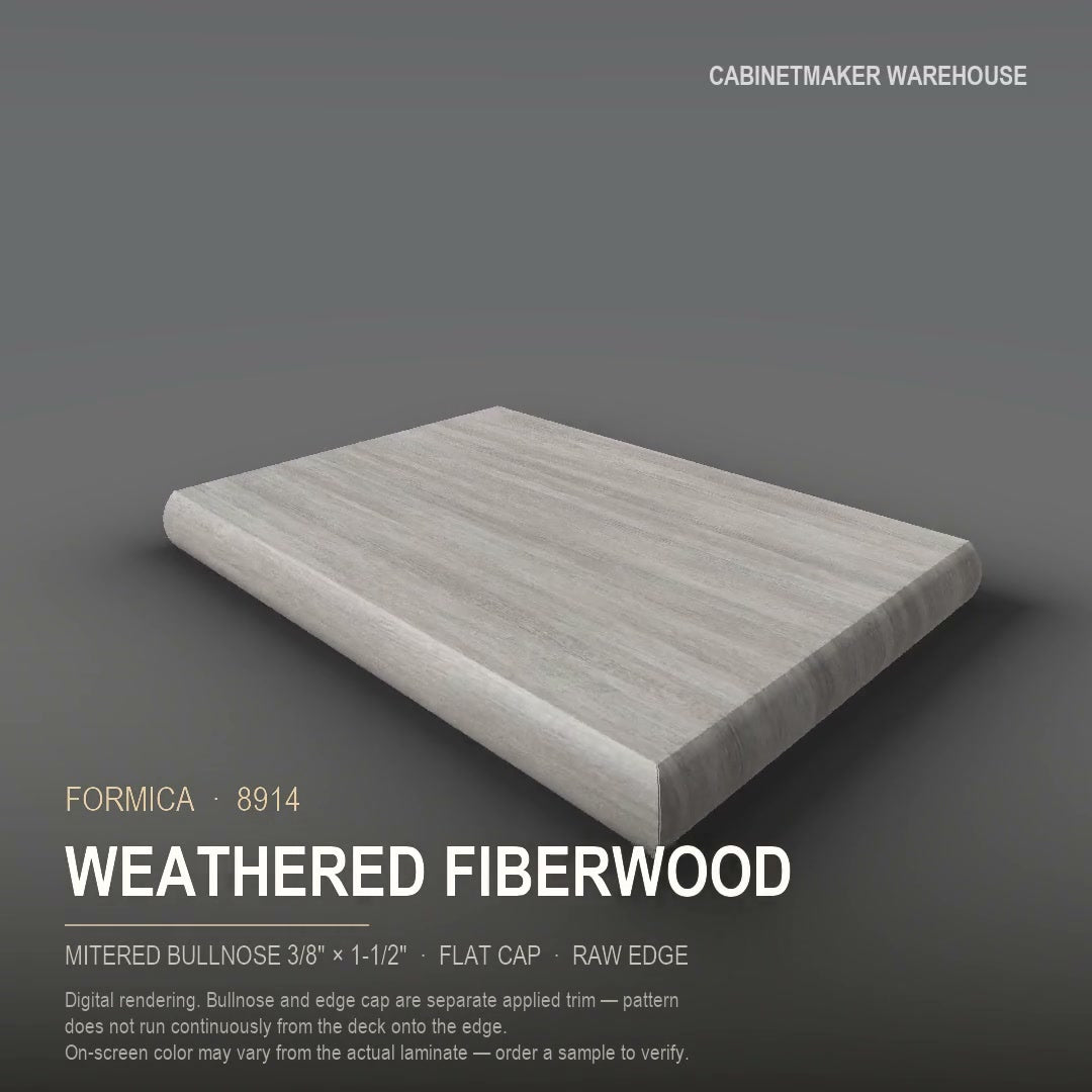 Formica Weathered Fiberwood 8914 laminate on a countertop with a mitered bullnose edge