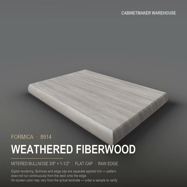 Formica Weathered Fiberwood 8914 laminate on a countertop with a mitered bullnose edge
