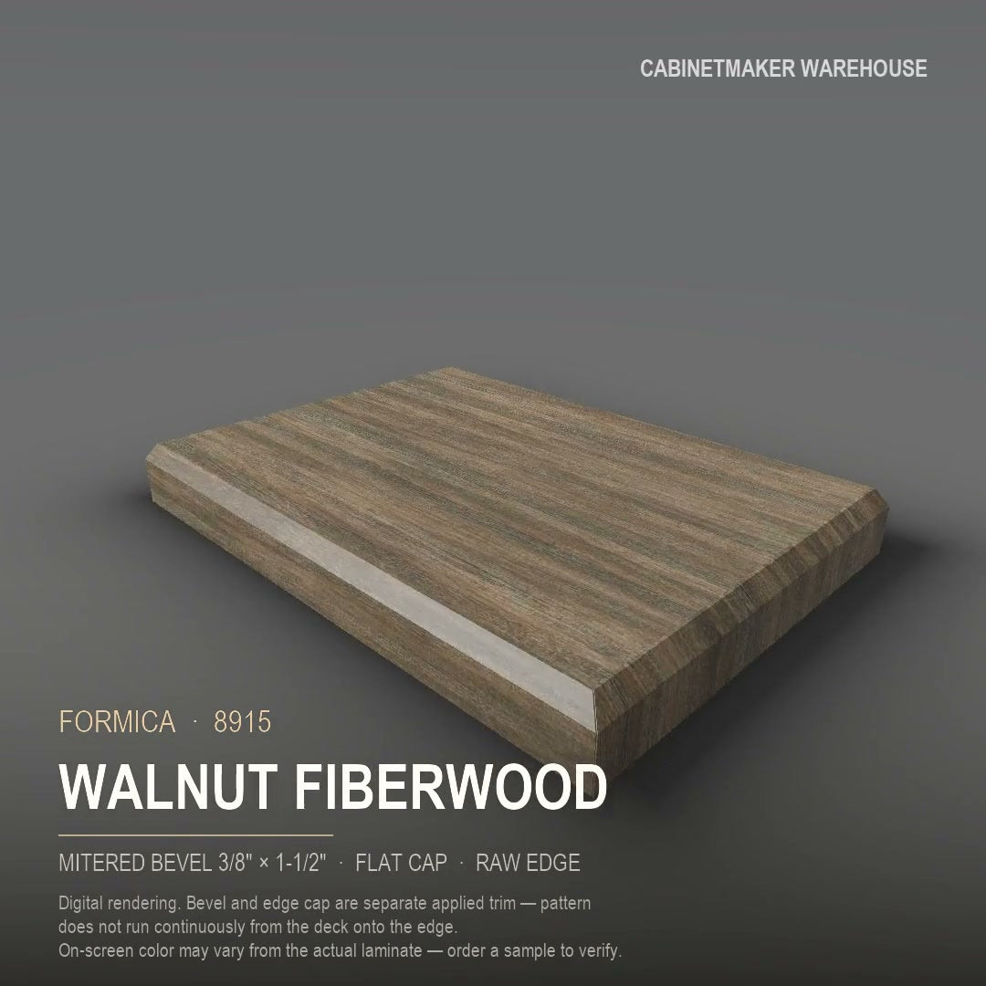 Formica Walnut Fiberwood 8915 laminate on a countertop with a mitered bevel edge