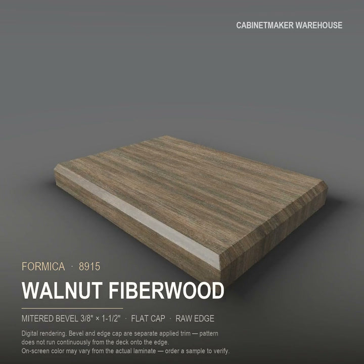 Formica Walnut Fiberwood 8915 laminate on a countertop with a mitered bevel edge
