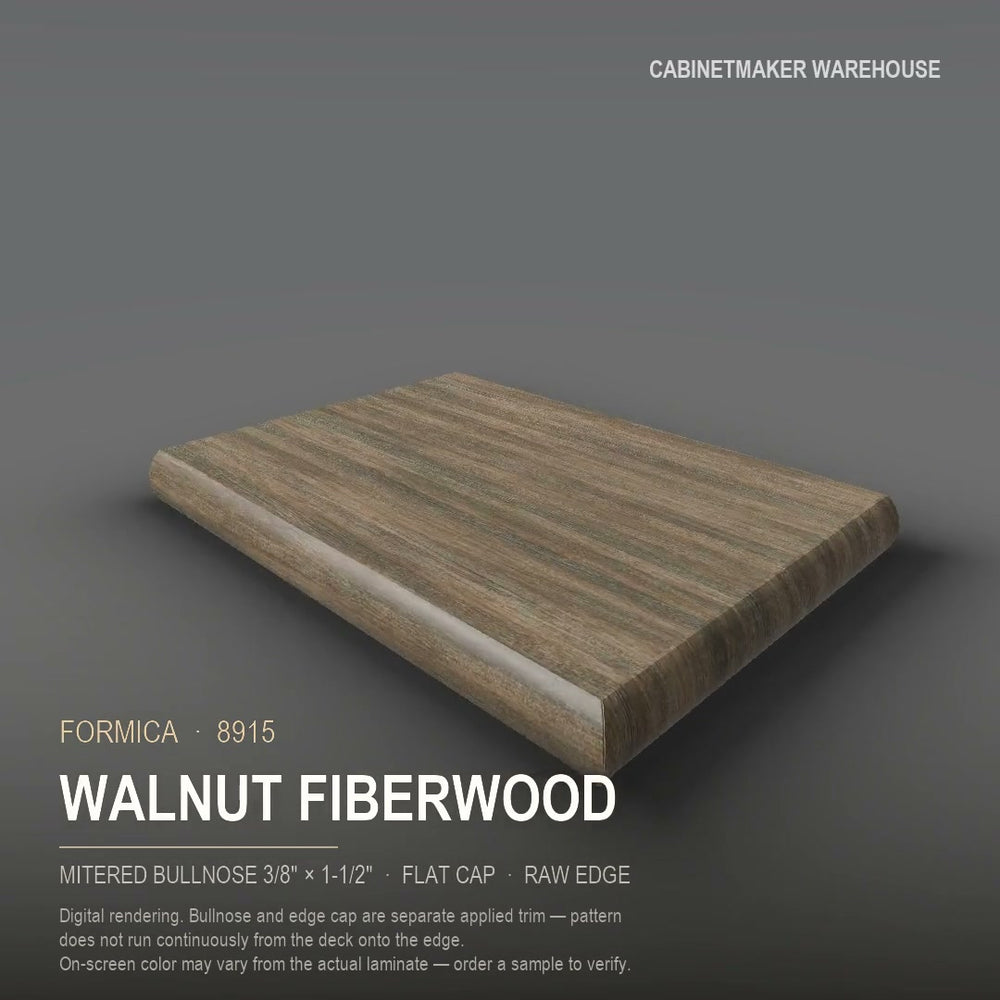 Formica Walnut Fiberwood 8915 laminate on a countertop with a mitered bullnose edge