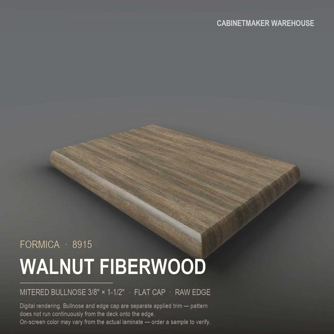 Formica Walnut Fiberwood 8915 laminate on a countertop with a mitered bullnose edge