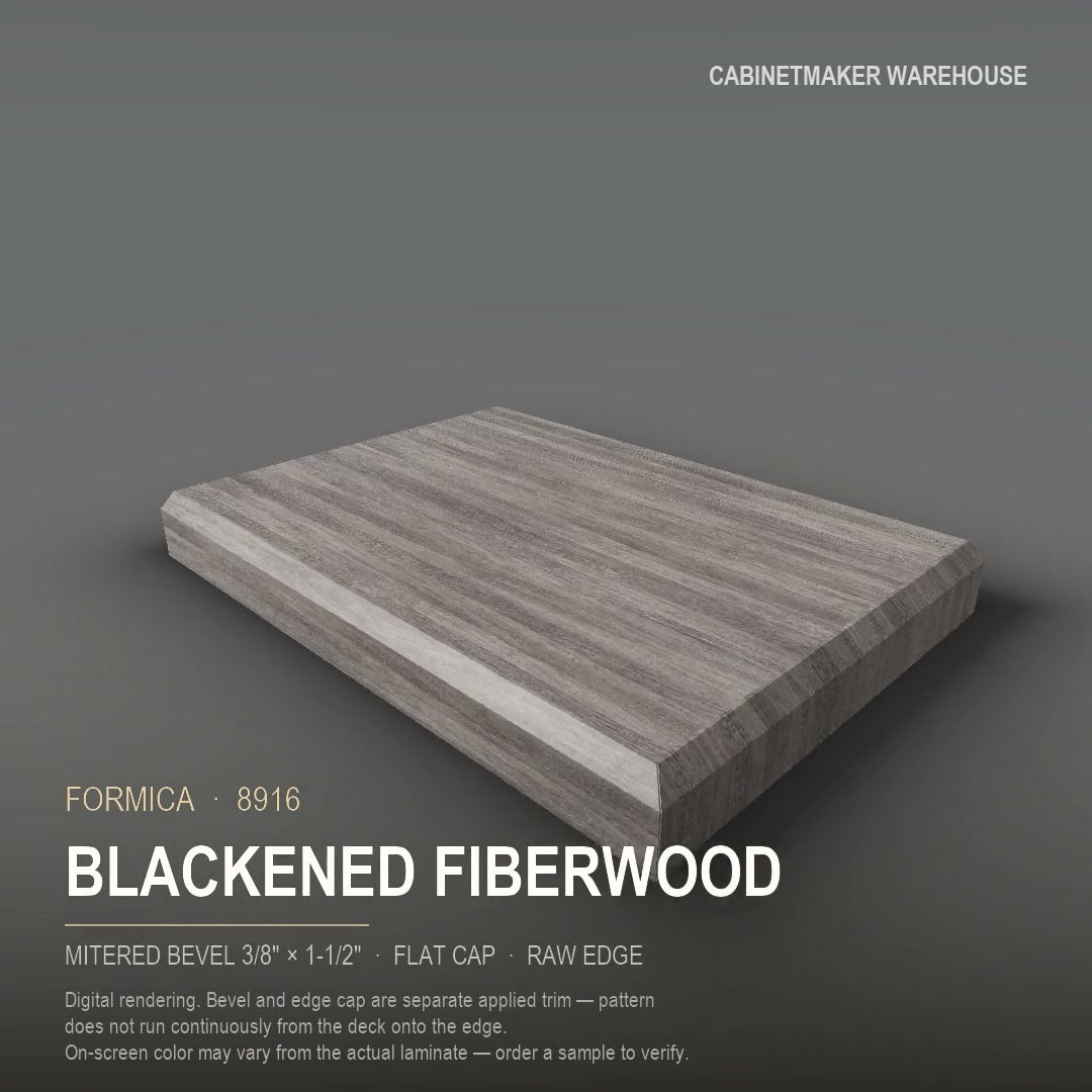 Formica Blackened Fiberwood 8916 laminate on a countertop with a mitered bevel edge