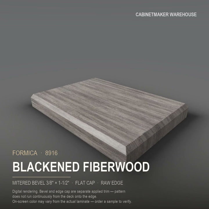 Formica Blackened Fiberwood 8916 laminate on a countertop with a mitered bevel edge