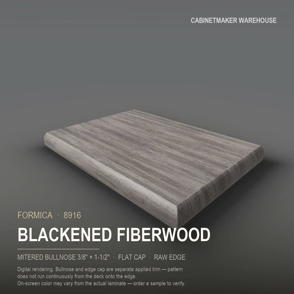 Formica Blackened Fiberwood 8916 laminate on a countertop with a mitered bullnose edge
