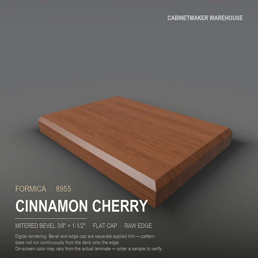 Formica Cinnamon Cherry 8955 laminate on a countertop with a mitered bevel edge