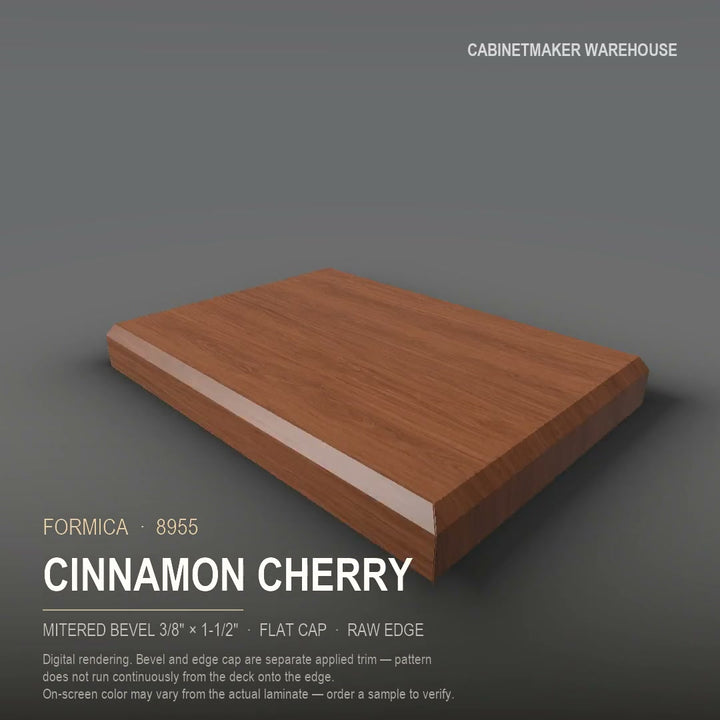 Formica Cinnamon Cherry 8955 laminate on a countertop with a mitered bevel edge