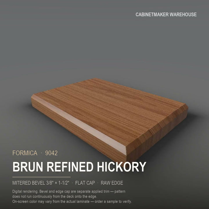 Formica Brun Refined Hickory 9042 laminate on a countertop with a mitered bevel edge
