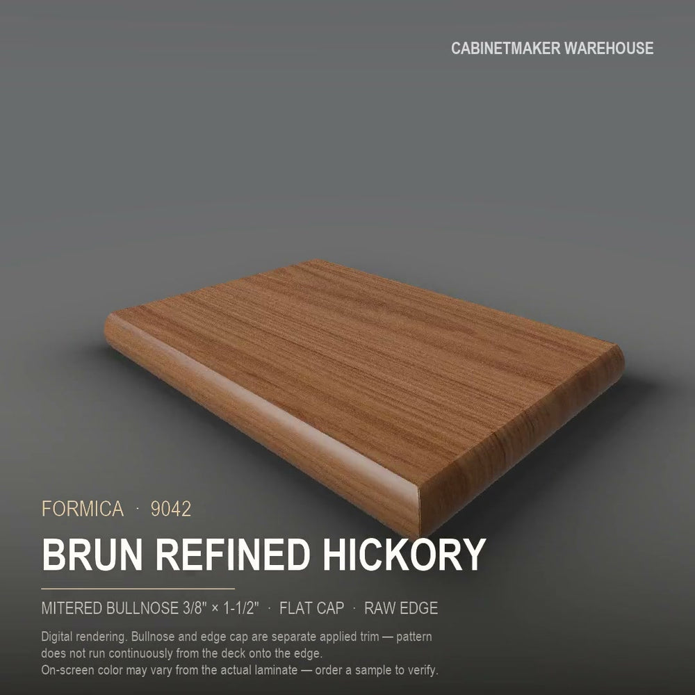 Formica Brun Refined Hickory 9042 laminate on a countertop with a mitered bullnose edge