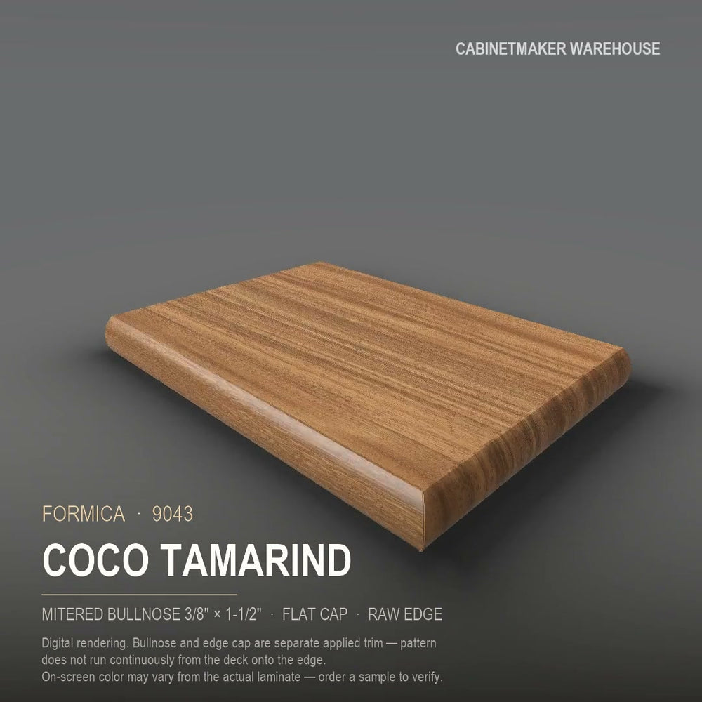 Formica Coco Tamarind 9043 laminate on a countertop with a mitered bullnose edge