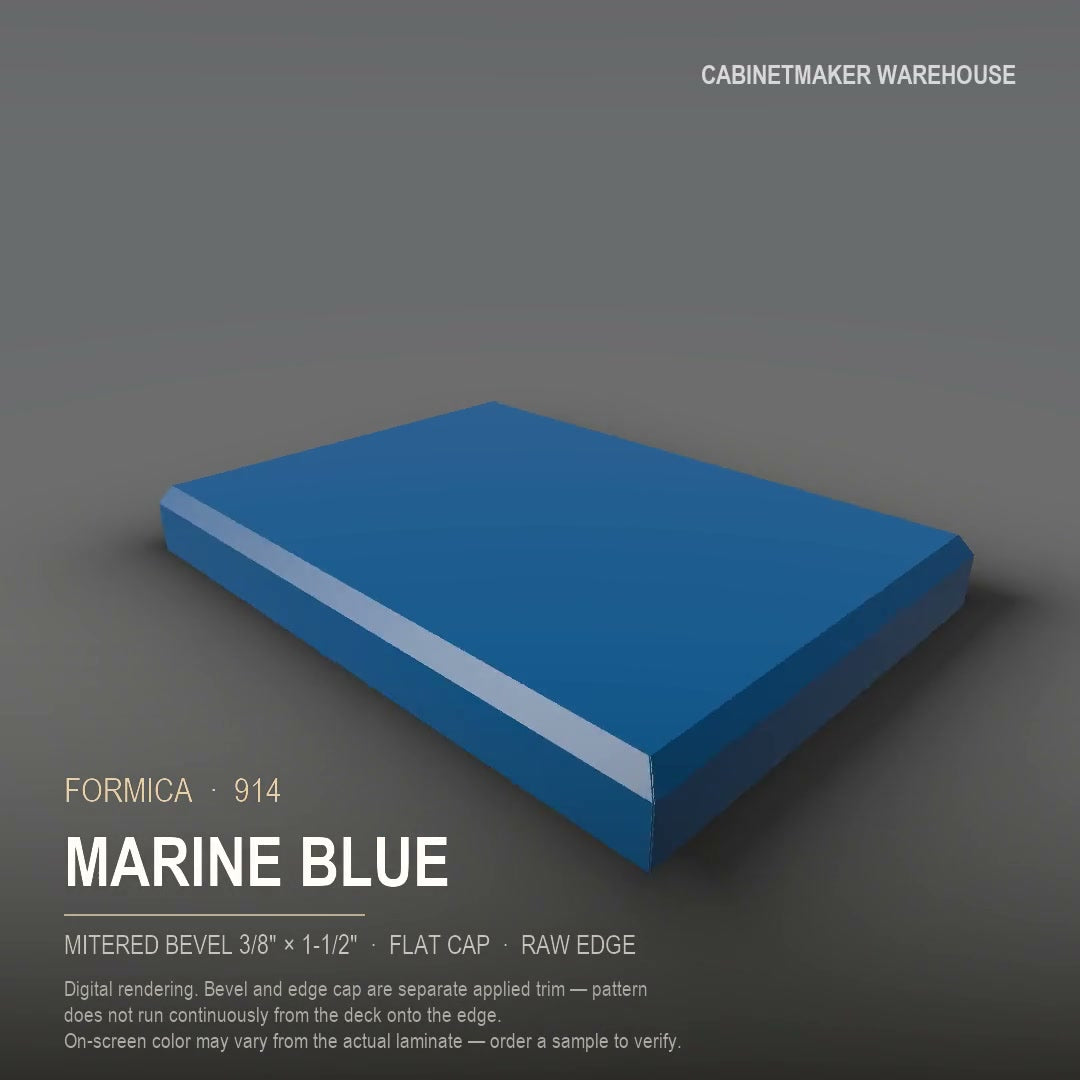 Formica Marine Blue 914 laminate on a countertop with a mitered bevel edge