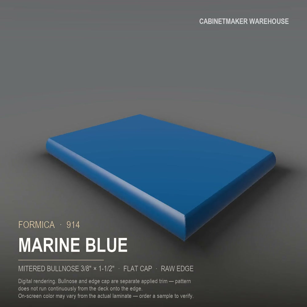 Formica Marine Blue 914 laminate on a countertop with a mitered bullnose edge