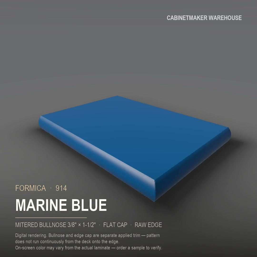 Formica Marine Blue 914 laminate on a countertop with a mitered bullnose edge