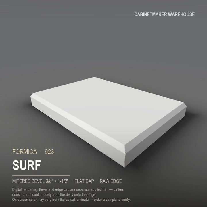 Formica Surf 923 laminate on a countertop with a mitered bevel edge