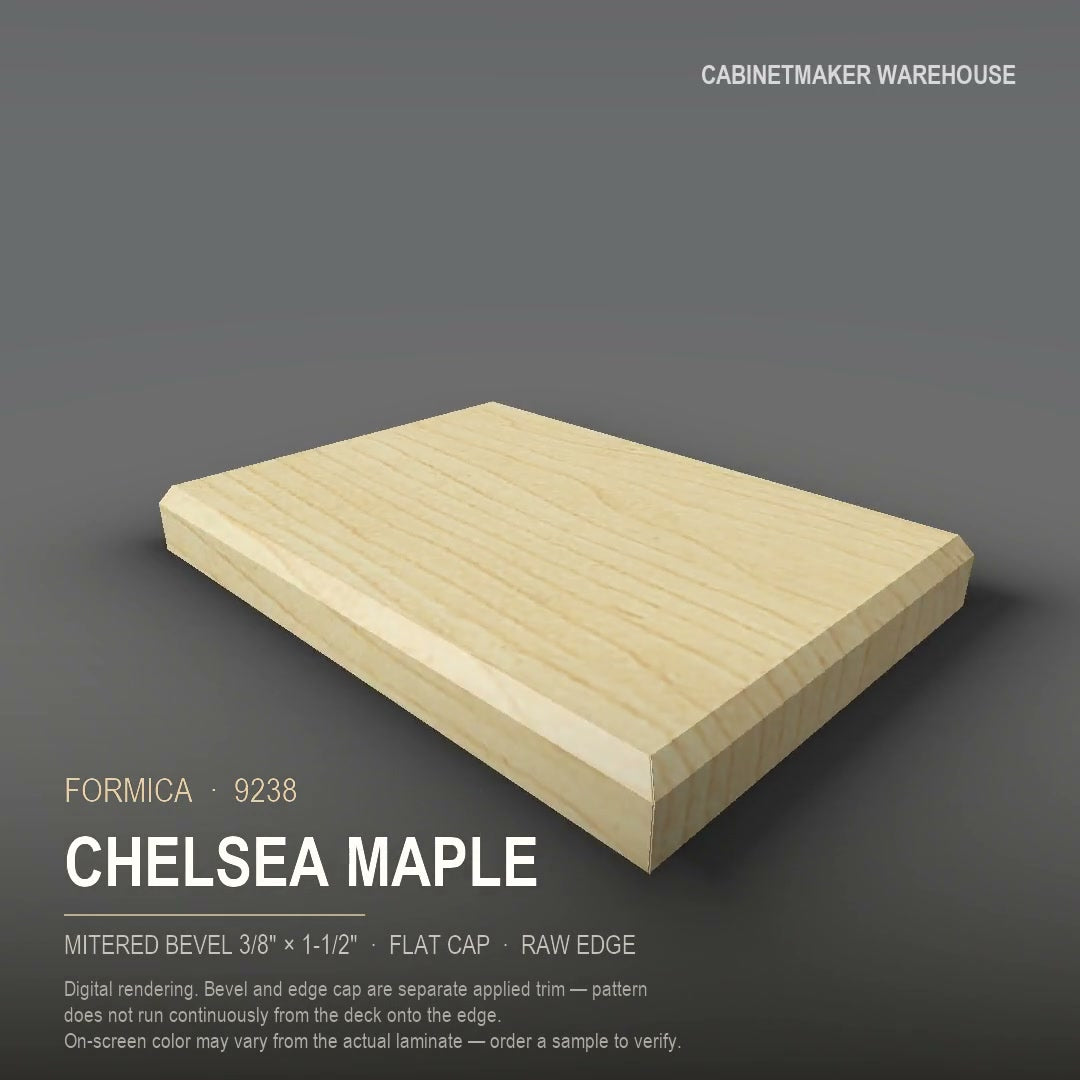 Formica Chelsea Maple 9238 laminate on a countertop with a mitered bevel edge